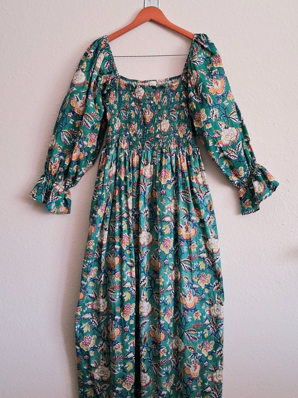 Women's Indian Cotton Green Floral Smocked Maxi Dress